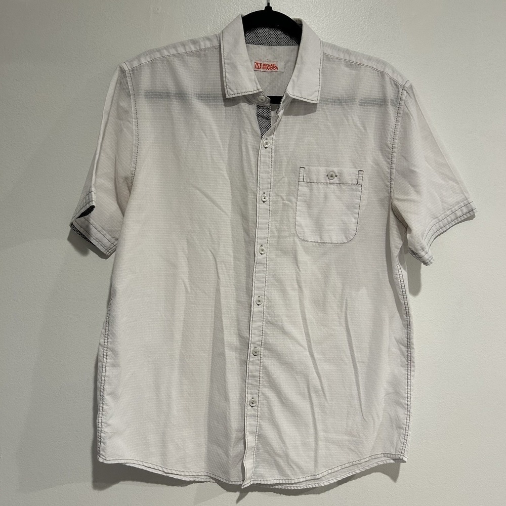 Michael Brandon White Men's Button‎ Down Short Sleeved Shirt Med Semi Sheer